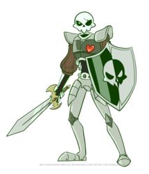  1boy armor atomi-cat commentary english_commentary full_body green_eyes heart male_focus medievil mystery_skulls one-eyed parody shield sir_daniel_fortesque skeleton solo standing style_parody sword transparent_background watermark weapon web_address 