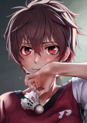  aragaki_nagisa badminton blush brown_hair commentary_request female hair_between_eyes hanebado! highres holding koubakotone lips looking_at_viewer red_eyes short_hair shuttlecock smile solo spiked_hair sportswear sweat tomboy upper_body wiping_sweat 