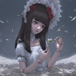  absurdres black_hair blue_eyes blunt_bangs collarbone commentary_request doll_joints dress female flower grey_background highres joints long_hair original petals photoshop_(medium) short_sleeves solo tears upper_body vivid507 white_dress 