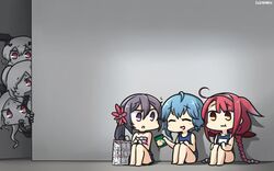  6+girls ^_^ abyssal_ship ahoge akebono_(kancolle) anchorage_oni armored_aircraft_carrier_princess asymmetrical_hair bell blue_hair blue_one-piece_swimsuit blue_skirt braid candy closed_eyes commentary dated flower food hair_bell hair_between_eyes hair_flaps hair_flower hair_ornament hair_over_one_eye hairband hamu_koutarou highres holding jingle_bell kantai_collection kawakaze_(kancolle) kunihiko_moriguchi long_hair minazuki_(kancolle) mitsukoshi_(department_store) multiple_girls one-piece_swimsuit open_mouth pink_flower pleated_skirt purple_eyes purple_hair red_eyes red_hair remodel_(kantai_collection) sakuma_drops school_swimsuit short_hair side_ponytail skirt smile southern_ocean_oni swimsuit twin_braids white_hair white_hairband yellow_eyes 