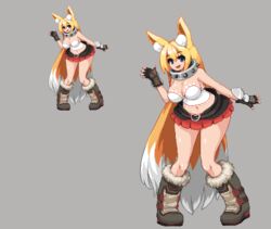  alice_(flanaki) animal_ears belt blonde_hair blue_eyes boots breasts cleavage collar commission commissioner_upload female fingerless_gloves fox_ears fur_boots gloves large_breasts long_hair metal_collar miniskirt namako_daibakuhatsu original pixel_art skirt very_long_hair white_background white_theme 