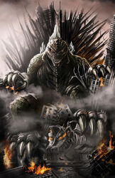  city claws destruction glowing glowing_eyes godzilla godzilla_(series) highres josegalvan kaijuu mecha mechagodzilla monster no_humans robot sharp_teeth sitting tail teeth throne 