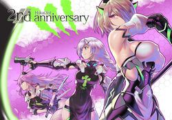  3girls animal_ears anniversary bare_shoulders battlesuit battoujutsu_stance blue_eyes braid breasts commentary_request dress fighting_stance fox_ears gloves gotointhepark gun hair_between_eyes hair_ornament hair_over_one_eye handgun holding holding_gun holding_scythe holding_sheath holding_sword holding_weapon honkai_(series) honkai_impact_3rd iaidou kallen_kaslana kallen_kaslana_(ritual_imayoh) katana large_breasts long_hair looking_at_viewer multiple_girls official_art pelvic_curtain photoshop_(medium) pink_hair ready_to_draw red_eyes rita_rossweisse rita_rossweisse_(phantom_iron) scythe sheath short_hair single_braid skindentation smile sword very_long_hair weapon white_hair yae_sakura yae_sakura_(goushinnso_memento) 