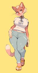  2017 anthro big_breasts bottomwear breasts bypbap clothed clothing denim denim_bottomwear denim_clothing digital_media_(artwork) domestic_cat ear_piercing effie_(bypbap) english_text eyelashes eyewear felid feline felis female footwear fully_clothed fur glasses green_eyes hair hi_res jeans jewelry mammal necklace pants piercing pink_body pink_fur sandals shirt simple_background smile solo text text_on_clothing text_on_shirt text_on_topwear topwear whiskers white_clothing white_shirt white_topwear wide_hips yellow_background 