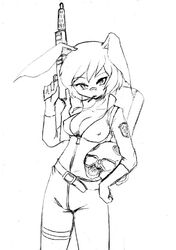  bunny_ears camel_(dansen) cleavage female female gun helmet helmet_removed monochrome solo usako_(camel) weapon 