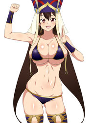  :d ass bikini blue_bikini bracer breasts brown_hair cleavage commentary_request earrings fate/grand_order fate_(series) female hat highres huge_breasts jewelry kagemusha long_hair looking_at_viewer open_mouth purple_eyes skindentation smile solo swimsuit thigh_gap thighhighs very_long_hair xuangzang_sanzang_(fate) 