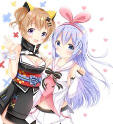  2girls :&lt; :d bare_shoulders black_dress blue_eyes blue_hair blush breasts cleavage cleavage_cutout clothing_cutout commentary_request cosplay detached_sleeves dress dutch_angle fingernails gochuumon_wa_usagi_desu_ka? hair_ornament hairband hairclip hand_up hands_up heart highres hoto_cocoa inahori kafuu_chino kaguya_luna kaguya_luna_(cosplay) kizuna_ai kizuna_ai_(cosplay) kizuna_ai_inc. light_brown_hair long_hair long_sleeves medium_breasts multiple_girls navel obi open_mouth parted_lips pink_hairband pleated_skirt purple_eyes sash shirt short_hair skirt sleeveless sleeveless_dress sleeveless_shirt sleeves_past_wrists smile the_moon_studio triangle_mouth twintails very_long_hair virtual_youtuber white_background white_shirt white_skirt x x_hair_ornament 