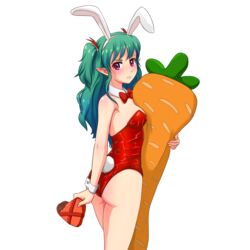  animal_ears ass bare_shoulders body_pillow bow bowtie breasts candy carrot-shaped_pillow chocolate commentary detached_collar eating english_commentary eon fake_animal_ears female food green_hair hairband heart heart-shaped_chocolate highres huyase long_hair looking_at_viewer medium_breasts pillow pink_eyes playboy_bunny pointy_ears polina_sokolova rabbit_ears rabbit_tail red_bow red_bowtie simple_background solo tail two_side_up valentine white_background wrist_cuffs 