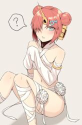  ? bad_id bad_pixiv_id bandaged_leg bandages bare_shoulders blush brown_background brown_hair collarbone commentary detached_sleeves double_bun fate/grand_order fate_(series) female flower frankenstein&#039;s_monster_(fate) frankenstein&#039;s_monster_(swimsuit_saber)_(fate) frankenstein&#039;s_monster_(swimsuit_saber)_(third_ascension)_(fate) grey_eyes hair_bun hair_ornament hair_over_one_eye horns long_sleeves looking_at_viewer mechanical_horns mizoredama naked_bandage navel parted_lips rose single_detached_sleeve single_horn sitting sleeves_past_fingers sleeves_past_wrists solo spoken_question_mark white_flower white_rose 