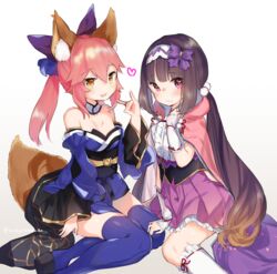  2girls aged_down animal_ear_fluff animal_ears bare_shoulders black_hair blue_thighhighs bow breasts cloak collar commentary_request detached_sleeves dress fate/grand_order fate_(series) fox_ears fox_girl fox_shadow_puppet fox_tail frilled_skirt frills hairband hairbow hood hood_down hooded_cloak japanese_clothes kanro_ame_(ameko) large_breasts long_hair low_twintails multiple_girls osakabehime_(fate) pink_hair pleated_skirt purple_eyes purple_skirt simple_background skirt split_ponytail strapless strapless_dress tail tamamo_(fate) tamamo_no_mae_(fate/extra) thighhighs twintails very_long_hair 