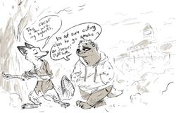  aged_down anthro badger black_and_white building canid canine clothed clothing dialogue disney duo english_text female fox hi_res high_school honey_badger honey_badger_(zootopia) male mammal monochrome mustelid musteline nick_wilde nobby_(artist) red_fox school speech_bubble text true_fox zootopia 