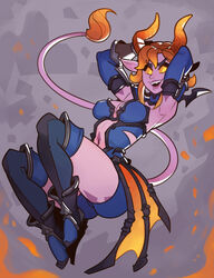  boots breasts cleavage clothing_cutout commentary demon_girl demon_horns demon_tail demon_wings elbow_gloves english_commentary female gloves highres horns maeve_(paladins) mosaic_background navel navel_cutout oerba_yun_fang orange_eyes orange_hair paladins photoshop_(medium) skindentation solo splashbrush tail thigh_boots thighhighs wings 