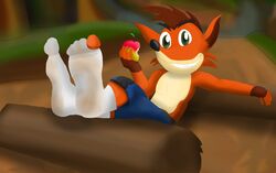  2013 activision anthro bandicoot biped clothed clothing crash_(series) crash_bandicoot dirty dirty_clothing dirty_socks feet foot_focus footwear forest jungle legwear looking_at_viewer lounge lu123 male mammal marsupial outside plant plantigrade sitting smile socks solo topless torn_clothing tree white_clothing white_footwear white_legwear white_socks 