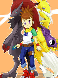  card crossover digimon digimon_tamers female makino_ruki poke_ball pokeball pokemon pokemon_(game) pokemon_black_and_white pokemon_bw purple_eyes renamon sunahara_wataru zoroark 