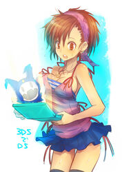  1boy bandana breasts cleavage cowboy_shot devil_survivor female hair_ribbon hairband handheld_game_console holding holding_handheld_game_console jack_frost_(megami_tensei) jewelry kara_(color) microskirt miniskirt necklace nintendo_3ds pendant pleated_skirt red_eyes ribbon shin_megami_tensei short_hair skirt tank_top thighhighs undershirt yuzu_tanigawa 