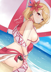  ass azur_lane bangle bare_arms bare_shoulders barefoot beach beach_umbrella bikini blonde_hair blue_sky blush bracelet breasts choker closed_mouth cloud commentary dated day earrings female flower from_side hair_flower hair_ornament horizon jewelry large_breasts looking_at_viewer looking_back mismatched_bikini ocean official_alternate_costume outdoors photoshop_(medium) prince_of_wales_(azur_lane) prince_of_wales_(sun_shining_upon_windsor)_(azur_lane) red_bikini red_choker red_eyes red_flower sarong shade shawl short_hair sideboob signature sitting sky smile solo swimsuit symbol-only_commentary thighs twitter_username umbrella unel wariza water white_bikini wristband 