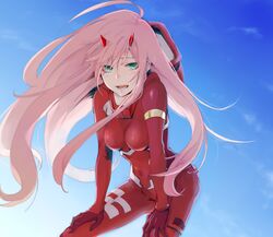  :d bent_over blue_sky bodysuit breasts breasts_apart commentary_request covered_navel darling_in_the_franxx day female floating_hair from_below green_eyes hair_between_eyes hands_on_lap highres horns long_hair looking_at_viewer medium_breasts mochi_mocchi open_mouth outdoors pilot_suit pink_hair red_bodysuit science_fiction sky smile solo very_long_hair zero_two_(darling_in_the_franxx) 