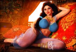  1girls 3d aladdin arabian arabian_clothes bimbo black_hair breasts disney disney_princess female female_only french_nails harem_outfit orange_eyes princess_jasmine rasmus-the-owl solo solo_female thick_thighs 