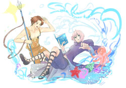  2boys alternate_costume aoi_(xxxaoi) artist_name blush book brown_eyes brown_hair commentary_request dated fire_emblem fire_emblem_echoes:_shadows_of_valentia fire_emblem_heroes kliff_(fire_emblem) male_focus multiple_boys octopus open_mouth polearm sandals shell simple_background sparkle star_(symbol) tobin_(fire_emblem) trident water weapon white_background white_hair 