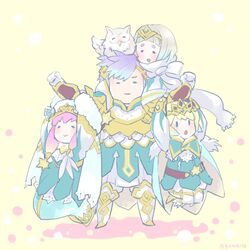  1boy 3girls armor belt blonde_hair blue_dress blue_hair brother_and_sister cape closed_mouth commentary_request crown dress family feh_(fire_emblem_heroes) fire_emblem fire_emblem_heroes fjorm_(fire_emblem) gloves gunnthra_(fire_emblem) hair_ornament hanging_on_arm hrid_(fire_emblem) long_dress long_hair long_sleeves multicolored_hair multiple_girls open_mouth pink_hair protected_link qumaoto short_hair siblings simple_background sisters smile standing twitter_username veil white_gloves white_hair yellow_background ylgr_(fire_emblem) 