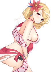  ass azur_lane bangle bare_arms bare_shoulders barefoot bikini blonde_hair blush bracelet breasts choker closed_mouth commentary earrings female flower from_side hair_flower hair_ornament jewelry large_breasts looking_at_viewer looking_back mismatched_bikini official_alternate_costume photoshop_(medium) prince_of_wales_(azur_lane) prince_of_wales_(sun_shining_upon_windsor)_(azur_lane) red_bikini red_choker red_eyes red_flower sarong shawl short_hair sideboob simple_background sitting smile solo swimsuit symbol-only_commentary thighs unel wariza white_background white_bikini wristband 