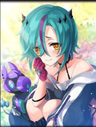  aqua_hair artist_request blush eyes_visible_through_hair female gloves hair_between_eyes hair_ornament hand_on_own_cheek hand_on_own_face helena_(phantom_of_the_kill) looking_at_viewer multicolored_hair official_art phantom_of_the_kill purple_gloves short_hair smile squatting toy_robot two-tone_hair yellow_eyes zipper 