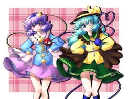  2girls blue_eyes blue_hair commentary_request fukkireta hairband hands_on_own_hips hat heart heart_of_string highres komeiji_koishi komeiji_satori long_hair multiple_girls one_eye_closed panties pantyshot pink_skirt purple_hair raionsan red_eyes short_hair siblings sisters skirt sleeves_past_wrists sun_hat thigh_gap third_eye touhou underwear 