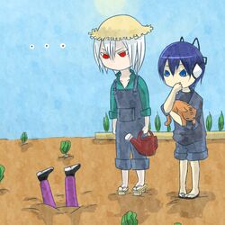  ... angry blue_eyes blue_hair buried cousins covering covering_face covering_mouth curious farm feline gardening geta hat headphones loki loki_(devil_survivor) megami_ibunroku_devil_survivor naoya overalls protagonist_(devil_survivor) red_eyes sandals shorts siblings straw_hat watering_can white_hair 