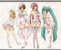  4girls aqua_eyes aqua_hair bad_id bad_pixiv_id blonde_hair brown_hair elbow_gloves flower frills gloves hair_flower hair_ornament hair_ribbon hat hatsune_miku kagamine_rin lace lace-trimmed_legwear lace_trim legs lingerie long_hair megurine_luka meiko_(vocaloid) mini_hat mini_top_hat multiple_girls nightcat photoshop_(medium) pink_hair red_eyes ribbon short_hair smile teddy_(lingerie) thighhighs top_hat twintails underwear very_long_hair vocaloid zettai_ryouiki 