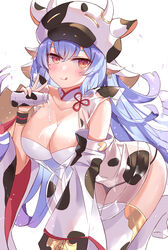  :q animal_ears animal_print blue_hair blush bottle breasts catura_(granblue_fantasy) cleavage collarbone cow_ears cow_hat cow_horns cow_print detached_sleeves draph earrings female granblue_fantasy highres horns jewelry large_breasts looking_at_viewer milk milk_bottle navel red_eyes see-through serika simple_background solo thighhighs tongue tongue_out v white_background white_thighhighs wide_sleeves 