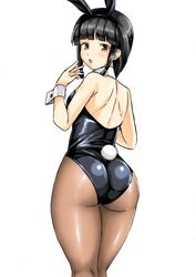  alternate_costume animal_ears ass black_hair black_leotard blunt_bangs brown_pantyhose detached_collar fake_animal_ears feet_out_of_frame female from_behind hair_over_shoulder hair_ribbon kantai_collection kitakami_(kancolle) kudou_(ooabareteng) leotard long_hair looking_at_viewer looking_back pantyhose playboy_bunny rabbit_ears rabbit_tail ribbon sidelocks simple_background solo standing strapless strapless_leotard tail tress_ribbon white_background wrist_cuffs 