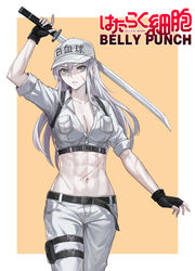  abs baseball_cap belt black_belt black_gloves breast_pocket breasts chinese_commentary cleavage colored_skin commentary_request cropped_jacket female fingerless_gloves gloves green_eyes hat hataraku_saibou hataraku_saibou_black highres holding holding_sword holding_weapon jacket katana long_hair midriff muscular muscular_female navel obliques pants partial_commentary pocket pouch scar scar_on_cheek scar_on_face solo sword thigh_pouch toned u-1196 weapon white_blood_cell_(hataraku_saibou) white_hair white_hat white_jacket white_pants white_skin white_uniform yan_(situyan0303) 