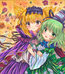  2girls :d black_ribbon blonde_hair blush camellia cape closed_mouth cowboy_shot dress earmuffs floral_background floral_print flower ghost_tail green_dress green_eyes green_hair hair_between_eyes hat hat_ribbon holding holding_flower hug looking_at_viewer marker_(medium) multiple_girls ofuda ofuda_on_clothes open_mouth orange_flower petals pink_flower pointy_hair print_cape purple_cape purple_skirt red_flower ribbon rui_(sugar3) sample_watermark skirt smile soga_no_tojiko tate_eboshi touhou toyosatomimi_no_miko traditional_media watermark yellow_background yellow_eyes 