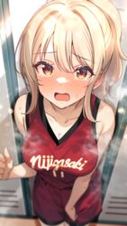  bare_arms bare_shoulders blonde_hair blurry blush breasts brown_eyes cleavage collarbone commentary_request depth_of_field female from_above hair_between_eyes hair_intakes highres jersey large_breasts locker locker_room long_hair looking_at_viewer love_live! love_live!_nijigasaki_high_school_idol_club miyashita_ai open_mouth ponytail romaji_text shiitake_taishi shirt shorts sidelocks sleeveless sleeveless_shirt solo steam sweat swept_bangs v-neck 