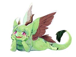  2017 2_fingers 3_toes 4:3 aishasoup anthro broken_horn brown_body brown_feathers claws dragon fangs feathered_wings feathers feet female fingers fur green_body green_fur green_hair hair hand_on_cheek horn kyisha looking_at_viewer lying mythological_creature mythological_scalie mythology nails on_front open_mouth pink_eyes scales scalie simple_background solo tail tail_tuft teeth toe_claws toes tongue tuft white_background wings 