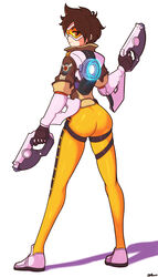  absurdres ass bodysuit bomber_jacket brown_eyes brown_hair dual_wielding earrings facing_back female full_body gloves goggles gun highres holding holding_gun holding_weapon jacket jeff_miga jewelry looking_at_viewer orange_bodysuit orange_goggles overwatch overwatch_1 short_hair smile solo spiked_hair standing tracer_(overwatch) weapon 