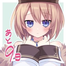  artist_request bare_shoulders blanc_(neptunia) blue_eyes blush brown_hair coat commentary_request countdown countdown_illustration expressionless female fur-trimmed_coat fur_trim hair_between_eyes hands_up hat long_sleeves looking_at_viewer medium_hair neptune_(series) off-shoulder_coat off_shoulder official_art own_hands_together promotional_art solo staring upper_body white_coat wide_sleeves 