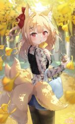  animal_ears black_camisole black_pantyhose blonde_hair blue_shorts blurry blurry_background blush bow breasts camisole commentary_request cup day depth_of_field disposable_cup drinking_straw female fox_ears fox_girl fox_tail from_behind ginkgo_leaf ginkgo_tree glaze_artifacts hairbow highres holding holding_cup holding_leaf kitsune leaf long_hair long_sleeves looking_at_viewer looking_back one_side_up original outdoors pantyhose pantyhose_under_shorts parted_lips red_bow red_eyes see-through short_shorts shorts siera_(sieracitrus) signature small_breasts solo standing tail tree watch wristwatch 