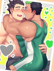  2boys ass bara bare_shoulders black_hair blush couple dark-skinned_male dark_skin green_hair grey_pants hug ikusaba_daisuke interracial kihane_atsusane large_pectorals looking_at_another male_focus male_underwear male_underwear_peek multicolored_hair multiple_boys muscular muscular_male on_person open_fly open_pants pants pectorals protagonist_3_(housamo) short_hair sidepec singlet sitting sitting_on_lap sitting_on_person skin_tight taurus_mask tokyo_afterschool_summoners topless_male two-tone_hair underwear wrestling_outfit yaoi 