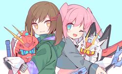  2girls 2y_(tsuyu) back-to-back blazer blazing_gundam blue_background blue_eyes brown_hair green_jacket grey_jacket gundam gundam_breaker gundam_breaker_3 gundam_breaker_battlogue gundam_perfect_strike_freedom hair_ornament hairclip hug jacket looking_at_viewer mecha mechanical_wings miyama_sana multiple_girls one_eye_closed pink_hair robot satsukino_misa school_uniform science_fiction sd_gundam sitting smile twintails two_side_up v-fin wings 