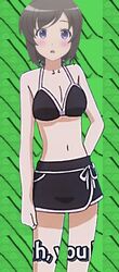  bare_arms bare_legs bare_shoulders bikini bikini_skirt bikini_top black_bikini_top black_skirt brown_hair female female futsuu_no_joshikousei_ga_locodol_yattemita hand_on_hip nishizawa_bikini open_mouth purple_eyes short_hair skirt solo swimsuit usami_nanako 