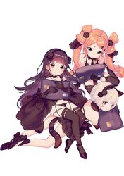  3girls animal_ears bare_shoulders black_gloves black_headwear black_legwear black_tail blunt_bangs blush bow closed_mouth credit_card dot_nose elbow_gloves full_body garter_straps gloves hair_ornament hairband hairbow hairclip henreader highres komori_sana kyou_kara_ore_wa_loli_no_himo! lolicon looking_at_viewer mastercard multiple_girls nijou_touka non-web_source orange_hair pillow purple_eyes purple_hair simple_background skindentation tail tanzawa_chizuru tareme thighhighs twintails white_background white_hair 