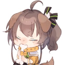  =_= ahoge animal_ears biting black_pantyhose black_ribbon blue_eyes bone bow brown_hair brown_tail cat_hair_ornament chibi closed_eyes collar dog_ears dog_tail female food green_ribbons hair_between_eyes hair_ornament hair_ribbon holding holding_food hololive jacket medium_hair natsuiro_matsuri natsuiro_matsuri_(1st_costume) neck_ribbon nitumaruta oerba_yun_fang orange_bow orange_collar orange_jacket pantyhose ribbon short_sleeves side_ponytail simple_background skin_fang solo tail transparent_background virtual_youtuber 