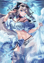  absurdres bare_shoulders bikini black_bikini black_bow blue_bikini blue_eyes bow braid breasts cleavage collarbone eyewear_on_head fate/grand_order fate_(series) female grey_hair hairbow highres large_breasts long_hair looking_at_viewer misaki346 mismatched_bikini morgan_le_fay_(fate) navel ponytail sidelocks smile solo sunglasses swimsuit thighs twin_braids underwater very_long_hair 