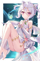  antenna_hair ass bare_shoulders barefoot blush border bridal_gauntlets circlet closed_mouth cone_hair_bun covered_navel creature double_bun dress elf female flat_chest hair_between_eyes hair_bun hands_on_own_chest highres knees_up kokkoro_(ceremonial)_(princess_connect!) kokkoro_(princess_connect!) light_rays looking_at_viewer outside_border own_hands_together panties pointy_ears princess_connect! purple_eyes serika short_hair smile solo tassel tears thighlet underwear white_border white_dress white_hair white_panties 