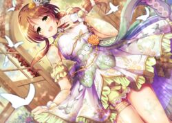  braid breasts brown_eyes brown_hair bug butterfly covered_nipples detached_sleeves dress dutch_angle female hair_ornament highres idolmaster idolmaster_cinderella_girls jewelry long_hair looking_at_viewer ment open_mouth ornate_ring ring single_braid skirt_hold small_breasts smile solo takamori_aiko wedding_ring wooden_door 