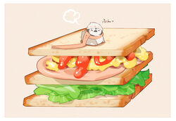  artist_name beige_background bird border chai_(drawingchisanne) commentary food food_focus hat highres looking_at_viewer no_humans original penguin sandwich scarf simple_background sitting_on_food undersized_animal 