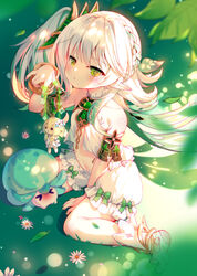  &gt;_&lt; 2girls :x arm_support bare_shoulders bloomers blurry blurry_background blush bow bow_bloomers bracelet braid closed_mouth commentary_request cross-shaped_pupils dot_mouth flower full_body fungi_(genshin_impact) genshin_impact gold_trim green_background green_bow green_eyes gu_gu_da_mo_wang hair_between_eyes hair_flower hair_ornament highres jewelry leaf leaf_hair_ornament long_hair looking_at_viewer lumine_(genshin_impact) multiple_girls nahida_(genshin_impact) navel pointy_ears side_ponytail sitting sleeveless stirrup_footwear symbol-shaped_pupils toeless_footwear underwear wariza white_bloomers white_flower white_footwear white_hair 