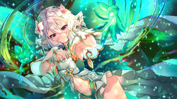  antenna_hair armpits bare_shoulders blurry blurry_background breasts closed_mouth clothing_cutout commentary_request depth_of_field dress elf female flower green_dress hair_between_eyes hair_flower hair_ornament hands_up highres kokkoro_(princess)_(princess_connect!) kokkoro_(princess_connect!) navel_cutout photoshop_(medium) pointy_ears princess_connect! princess_form_(princess_connect!) purple_eyes short_hair small_breasts smile solo sparkle white_flower white_hair xephonia 