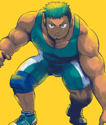  1boy bara black_hair dark-skinned_male dark_skin facial_hair feet_out_of_frame fighting_stance goatee green_eyes green_footwear green_hair ikusaba_daisuke knee_pads large_pectorals looking_at_viewer male_focus md5_mismatch multicolored_hair muscular muscular_male pectorals resolution_mismatch short_hair sideburns simple_background singlet solo source_larger taurus_mask thick_arms thick_thighs thighs tokyo_afterschool_summoners tsuna_(so_da77) two-tone_hair wrestling_outfit yellow_background 